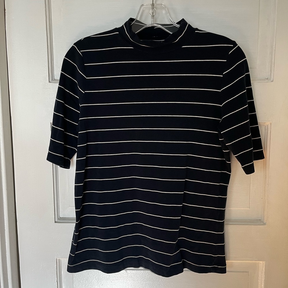 Banana Republic Mock Neck modal top Navy Blue mod retro stripe